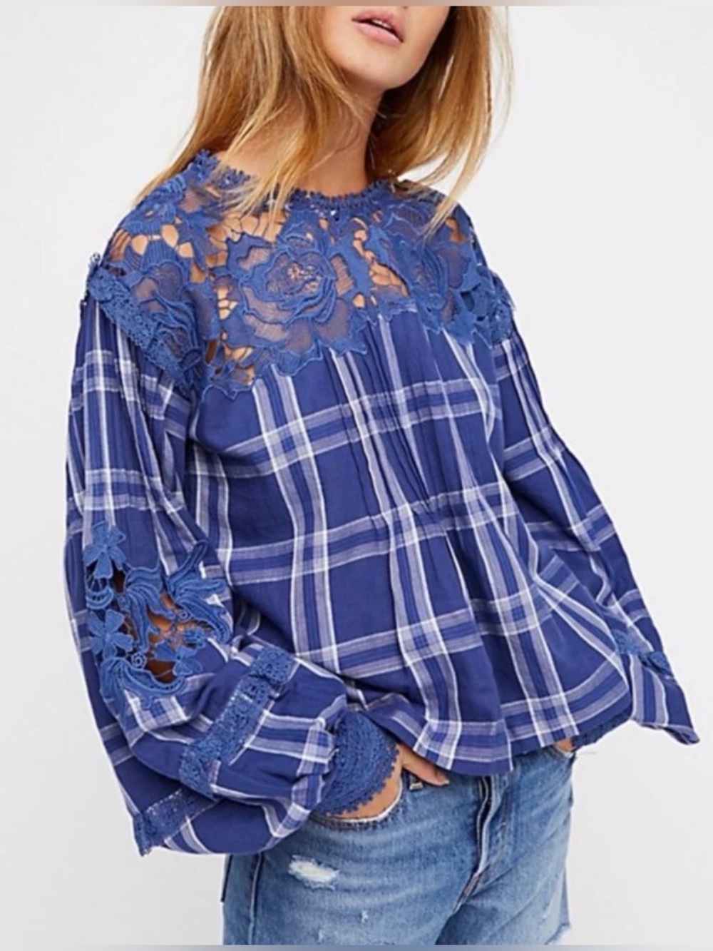 Free People Blue Plaid Crochet Lace Boho Peasant Top Balloon Sleeve Oversized M